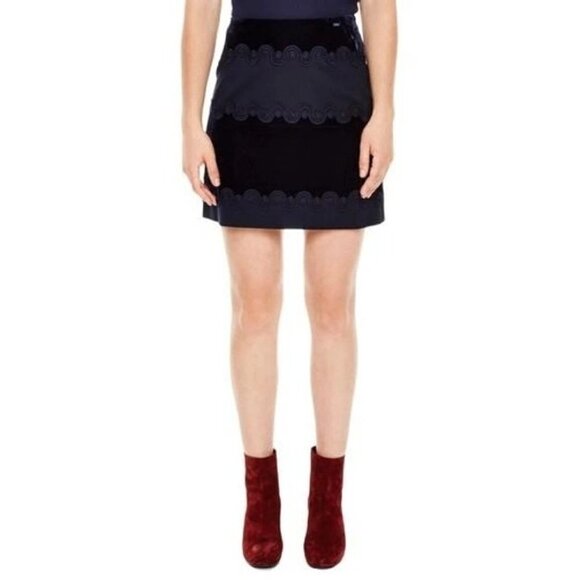 Sandro Cathia Navy Blue Velvet Embroidered Mini Skirt 3/L - Picture 1 of 5